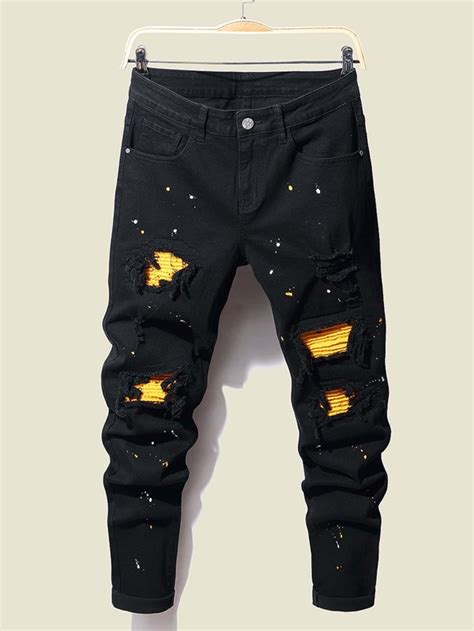 Manfinity Emrg Men Cotton Splash Ink Print Ripped Patched Jeans Shein Usa