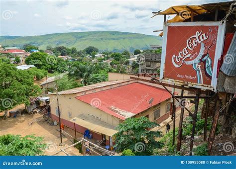 View Over the Congolese River Town Matadi with Buildings and Coca Cola Billboard, Democratic ...