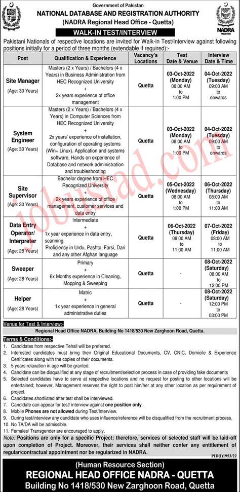 Latest NADRA Jobs In Quetta September 2022 Walk In Interview