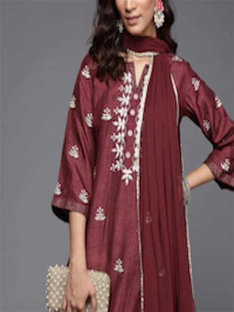 Buy Libas Women Maroon Floral Embroidered Kurta With Trousers And Dupatta Kurta Sets For Women