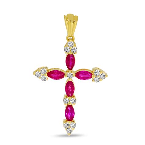 Colormerchants K Yellow Gold Marquis Ruby Diamond Cross Pendant