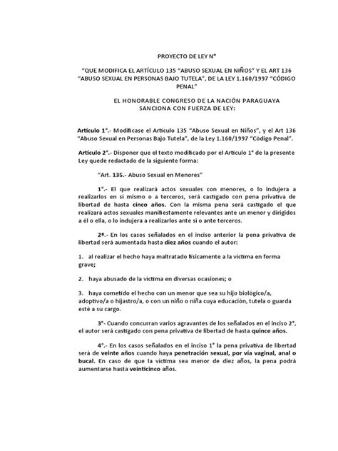 Proyecto De Ley Que Modifica El Artículo 135 Abuso Sexual En Niños