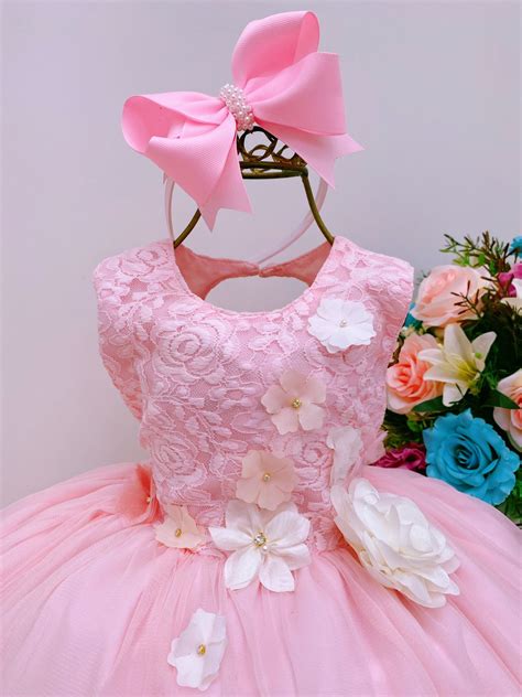 Vestido Infantil Rosa Rendado Luxo Flores Em Aplique Rosa Charmosa