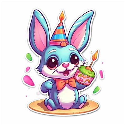 Premium Ai Image Cartoon Bunny With Birthday Cake And Party Hat