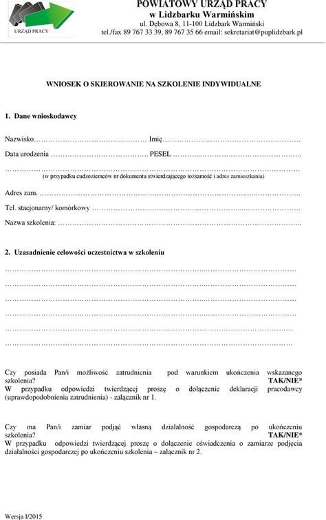 Wniosek O Skierowanie Na Szkolenie Indywidualne Nazwisko Imi Data