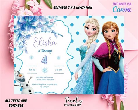 Editable Frozen Birthday Invitation Template Princess Elsa Etsy