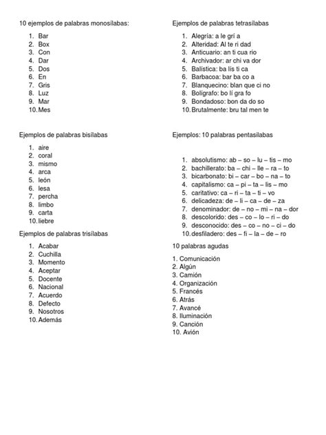 10 Ejemplos De Palabras Monosílabas Pdf