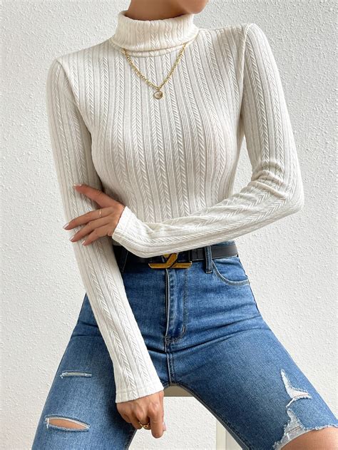 Shein Priv Turtle Neck Cable Knit Tee Shein Usa