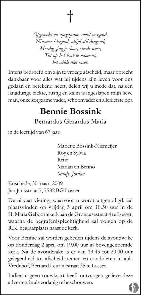 Bernardus Gerardus Maria Bennie Bossink 30 03 2009 Overlijdensbericht