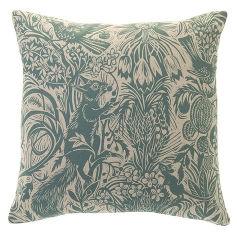 Mark Hearld Squirrel And Sunflower Cushion Cover Blue Woodcut