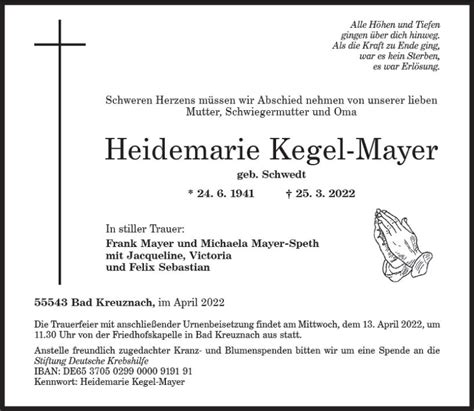 Traueranzeigen Von Heidemarie Kegel Mayer Vrm Trauer De