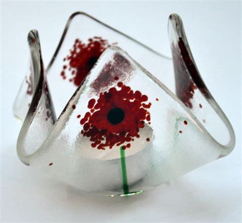 Red Poppy Fused Glass Handkerchief Tealight Holders Made To Etsy Fused Glass Candle Holder