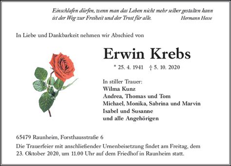 Traueranzeigen Von Erwin Krebs Vrm Trauer De