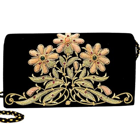 Luxury Black Velvet Evening Clutch Bag Hand Embroidered Handbag