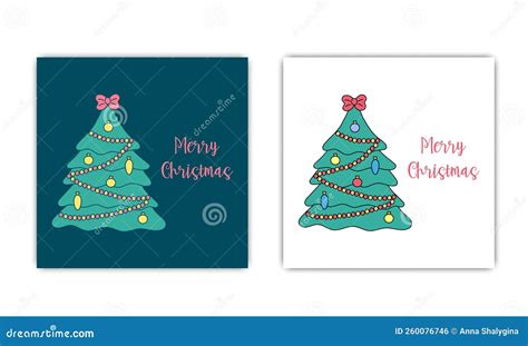 Merry Christmas Greeting Cards Set Decorated Doodle Xmas Tree And Text Stock Vector