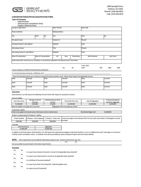 Fillable Online Subcontractor Supplier Form Great Southern Llc Fax