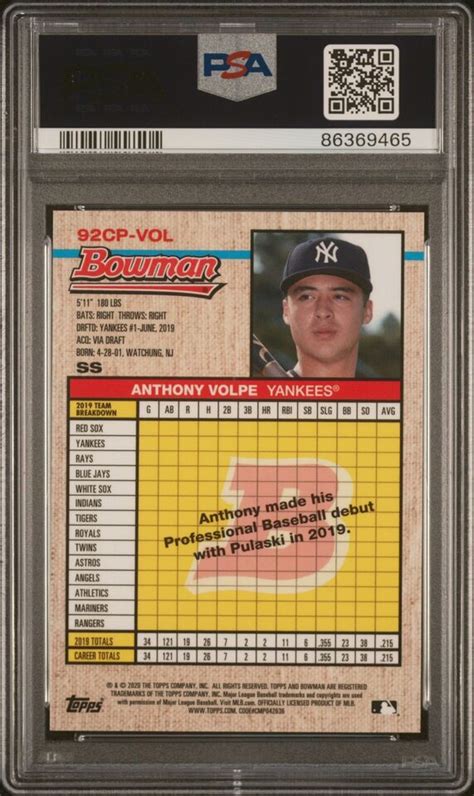 PSA 9 ANTHONY VOLPE 2020 Bowman Heritage Chrome YELLOW REFRACTOR 75