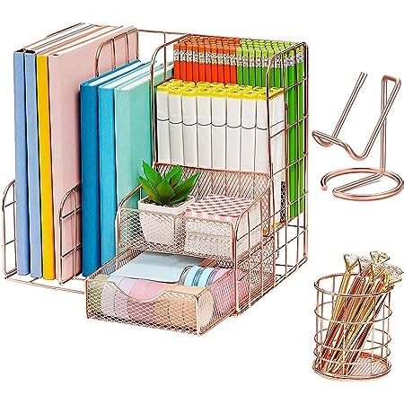 Rose Gold Desk Organiser With Drawer Multi Use Metal Desktop Organizer