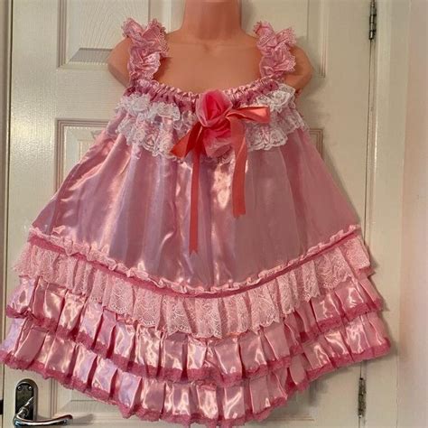 Sissy Baby Doll Nighty Negligee Dress Set Pink Satin And Lace Cami