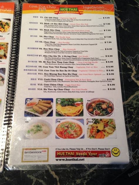 Menu At Hue Thai Restaurant Las Vegas W Spring Mountain Rd 223