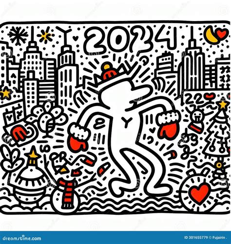 Keith Haring Funny Dancing Celebrated New Year 2024 Stock Illustration