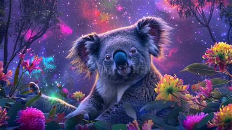 Cosmic Koala Bear In Beautiful Dreamlike Bamboo Forest Surrounded By