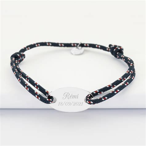 Bracelet homme cordage marin personnalisé médaille gravée argent ovale