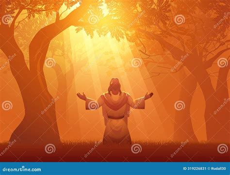 Biblical Silhouette Jesus Praying in Gethsemane Olive Trees Stock ...