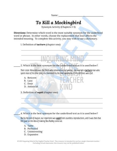 To Kill A Mockingbird Chapters 1 Through 3 Synonym Activity Made By