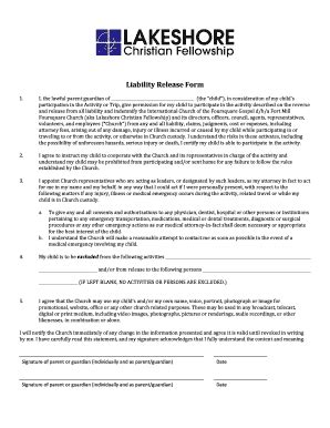 Fillable Online Liability Release Form Lakeshore Christian Fellowship