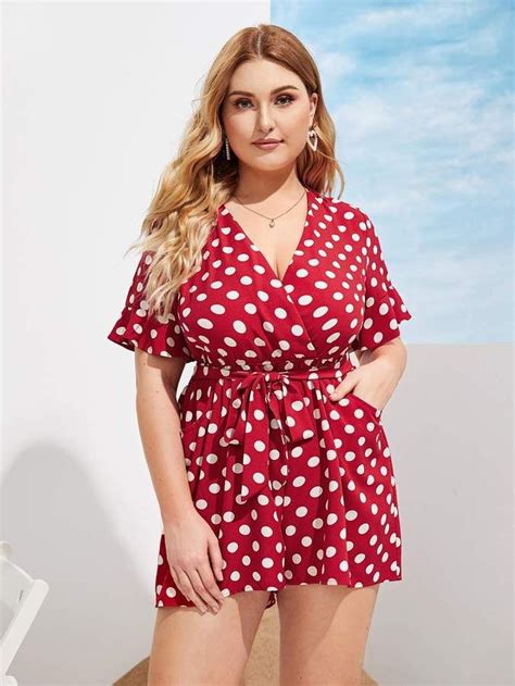 Plus Polka Dot Surplice Front Belted Playsuit Plus Size Romper