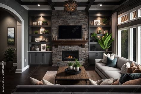 Living room interior in gray and brown colors features gray sofa atop dark hardwood floors ...