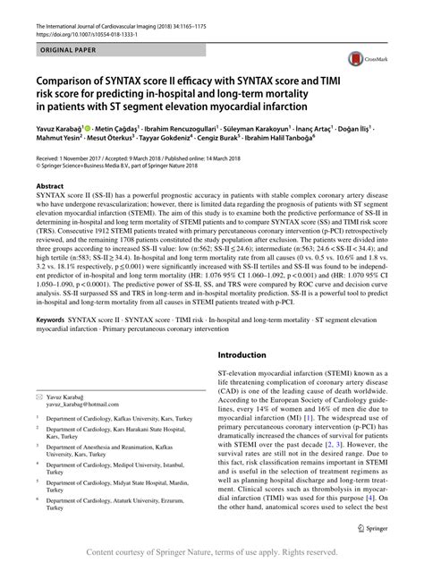 Comparison Of Syntax Score Ii Efficacy With Syntax Score And Timi Risk