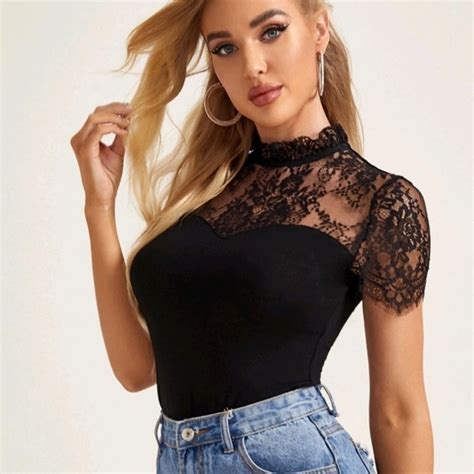 Shein Tops New Black Mock Neck Keyhole Back Lace Yoke Top Poshmark