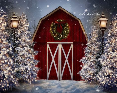 Christmas Digital Background Photography Red Barn Farm On Etsy