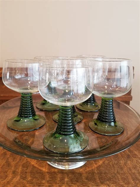 Hand Blown Clear Glass Wine Goblets W Emerald Green Ribbed Stems Set