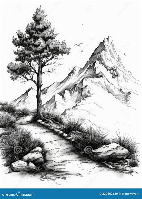 Pencil Drawing of Mountain Scene with Tree Stock Illustration ...