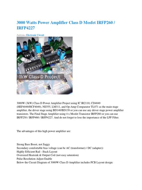 3000 Watts Power Amplifier Class D Mosfet Irfp260 Irfp4227 Electronic Circuit Pdf