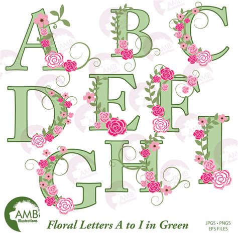 TRIO Florals Green Letters And Roses Alphabet A To Z AMBillustrations