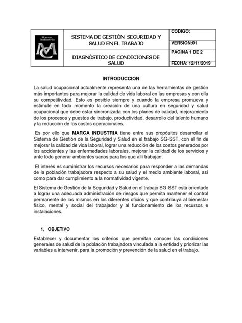 Diagnóstico Integral De Las Condiciones De Salud De Los Trabajadores