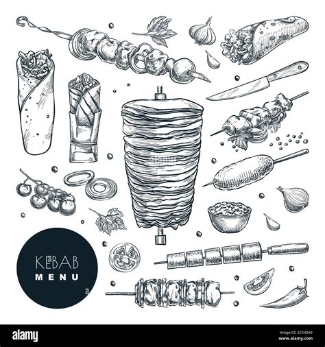 Fresh And Tasty Arabic Doner Kebab Set Vector Hand Drawn Sketch