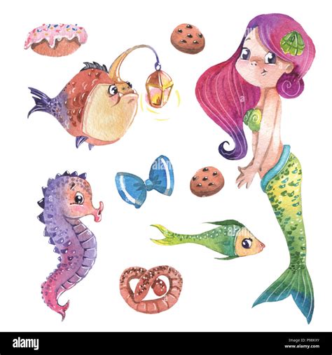 Hand painted cute little mermaid with fishes and sweets, watercolor illustration clipart set ...