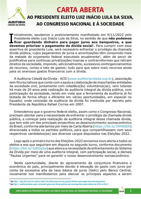 Carta Aberta Ao Presidente Eleito Luiz In Cio Lula Da Silva Ao