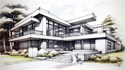 Modern Luxury Villa 6 Facade Elevation Pencil Sketch Design Stock