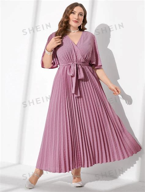 Shein Modely Plus Swiss Dot Surplice Neck Pleated Hem Belted Dress