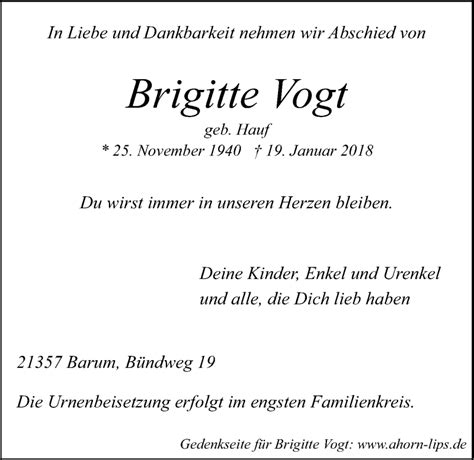 Traueranzeigen Von Brigitte Vogt Trauer L Neburg De