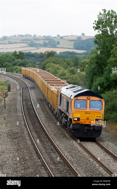 Gbrf Class 66 Diesel Locomotive Pulling Freight Train At Knightcote Warwickshire Uk Stock