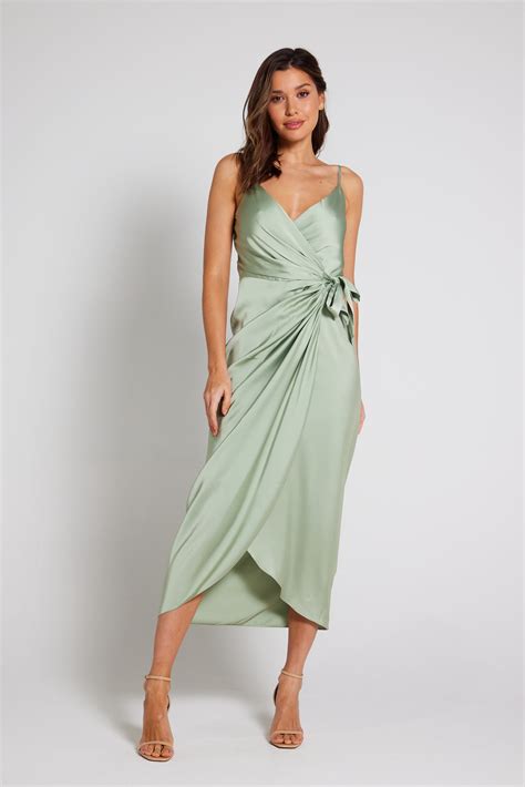 Sage Green Satin Tie Waist Cami Wrap Dress Luxe Collection Liena Uk