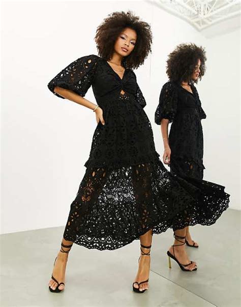 Asos Edition Broderie Twist Front Midi Dress With Puff Sleeve In Black