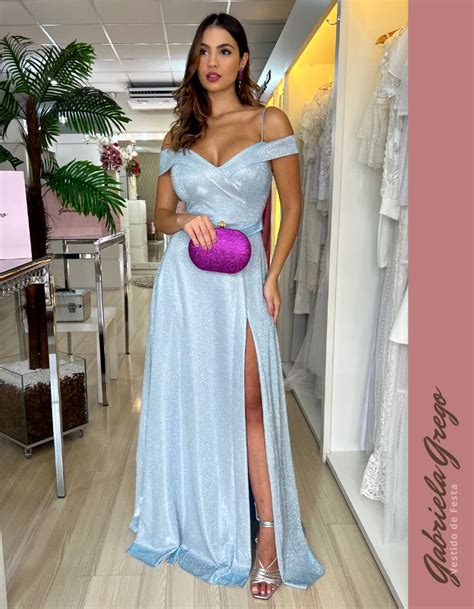 Vestido Longo Evase Azul Serenity Fenda na Saia Ombro a Ombro Alça